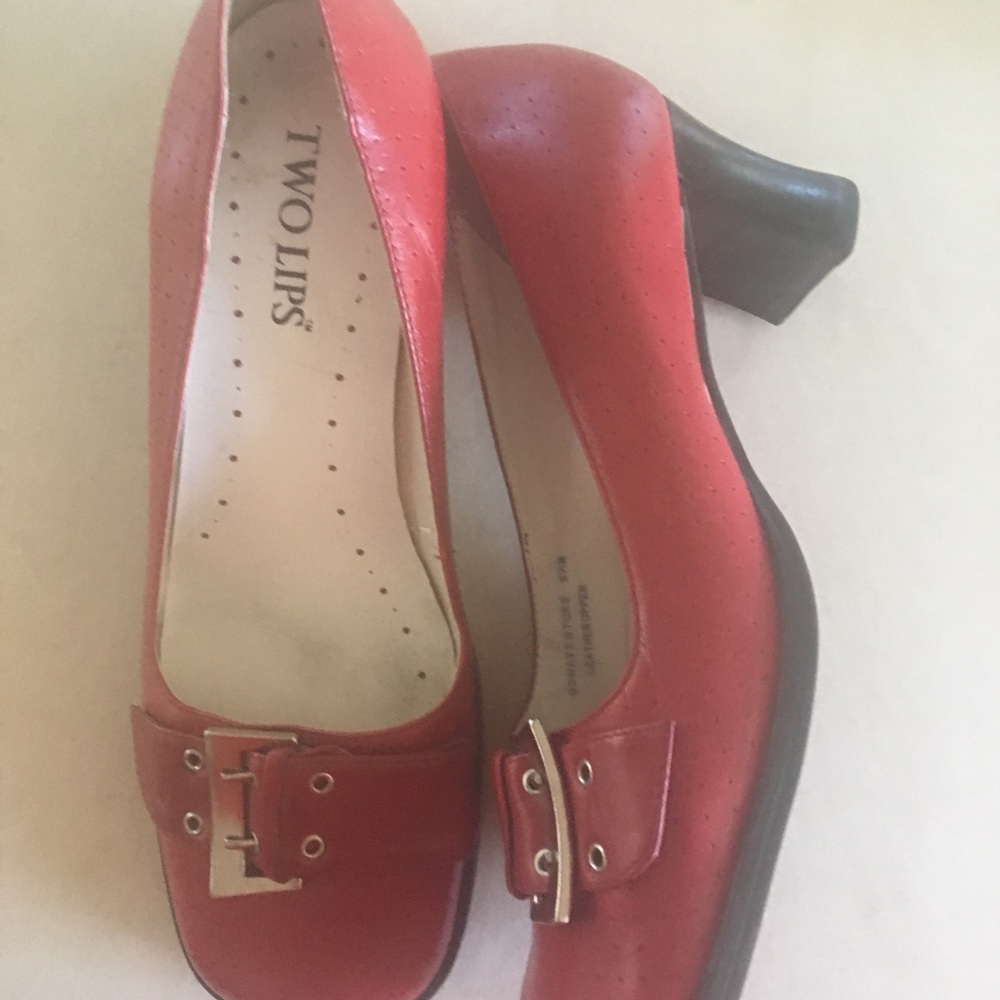 Two lips, red funky leather shoes, size 8.5